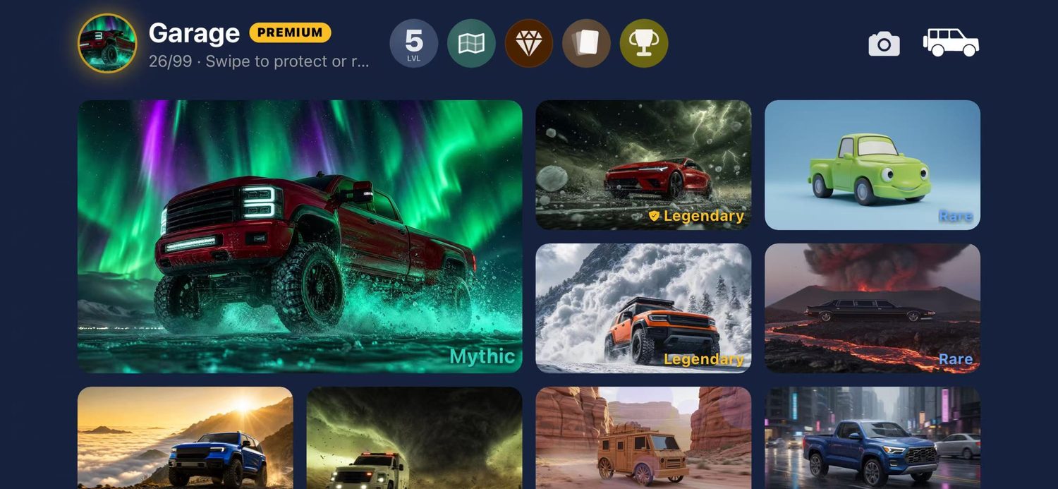 OnlyCars garage, cars graded by rarity